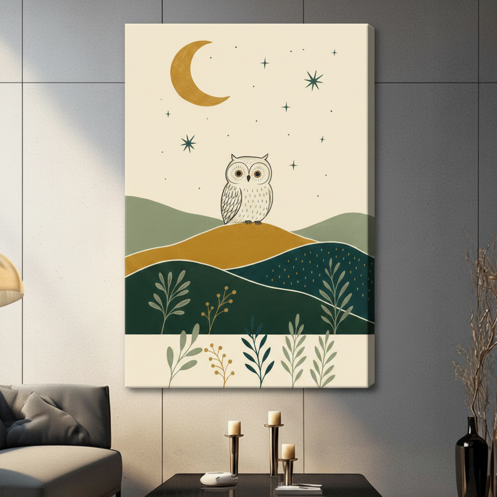 Minimalist owl moon botanical illustration gallery wrapped canvas art hanging in contemporary living room