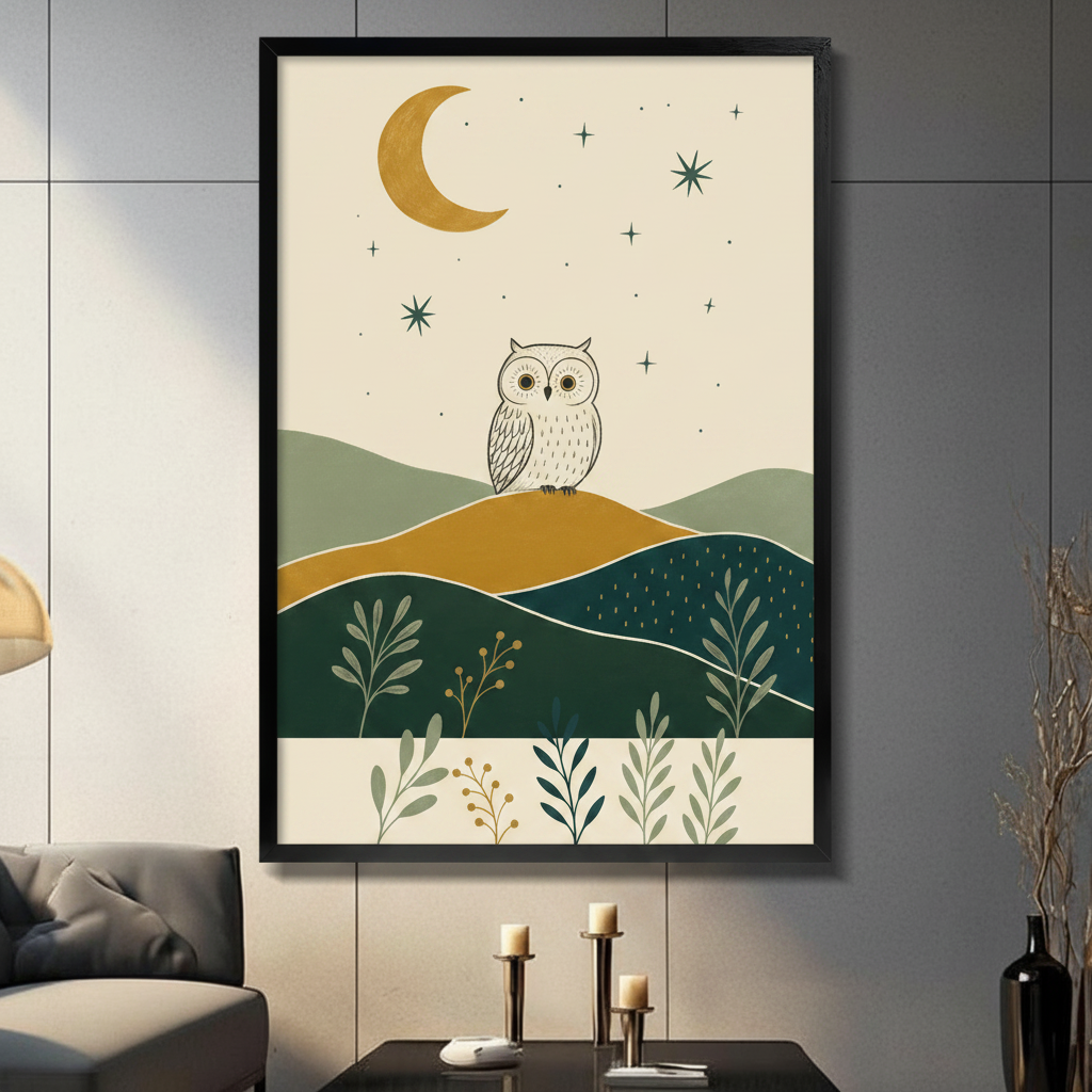 Boho owl and crescent moon wall art in black frame displayed in moody living room with candlelight ambiance
