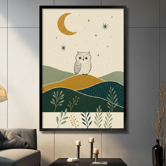 Boho owl and crescent moon wall art in black frame displayed in moody living room with candlelight ambiance
