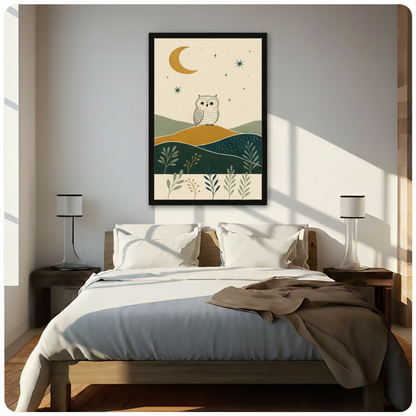 Boho owl night sky botanical illustration in black frame mounted above bed in bright minimalist bedroom