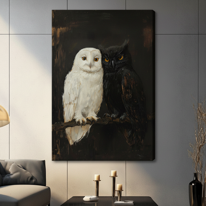 Gallery wrap stretched canvas of a snowy white owl and a jet black horned owl with golden eyes perched side by side on a branch hung frameless on a gray wall above a dark sofa with black candlestick holders