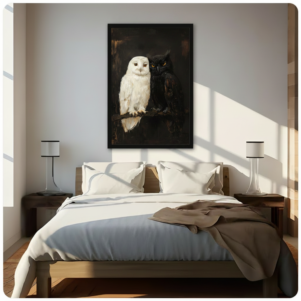Black framed antique white and black owl pair oil painting canvas wall art with dramatic dark brown background hung above a dark wood bed with white and beige linen bedding in a sunlit minimalist bedroom