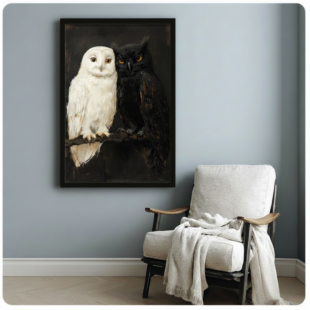 Black framed dramatic dark academia white and black owl couple oil painting canvas print with rich brown textured background hung on a soft blue-gray wall beside a white linen wood lounge chair with cream throw