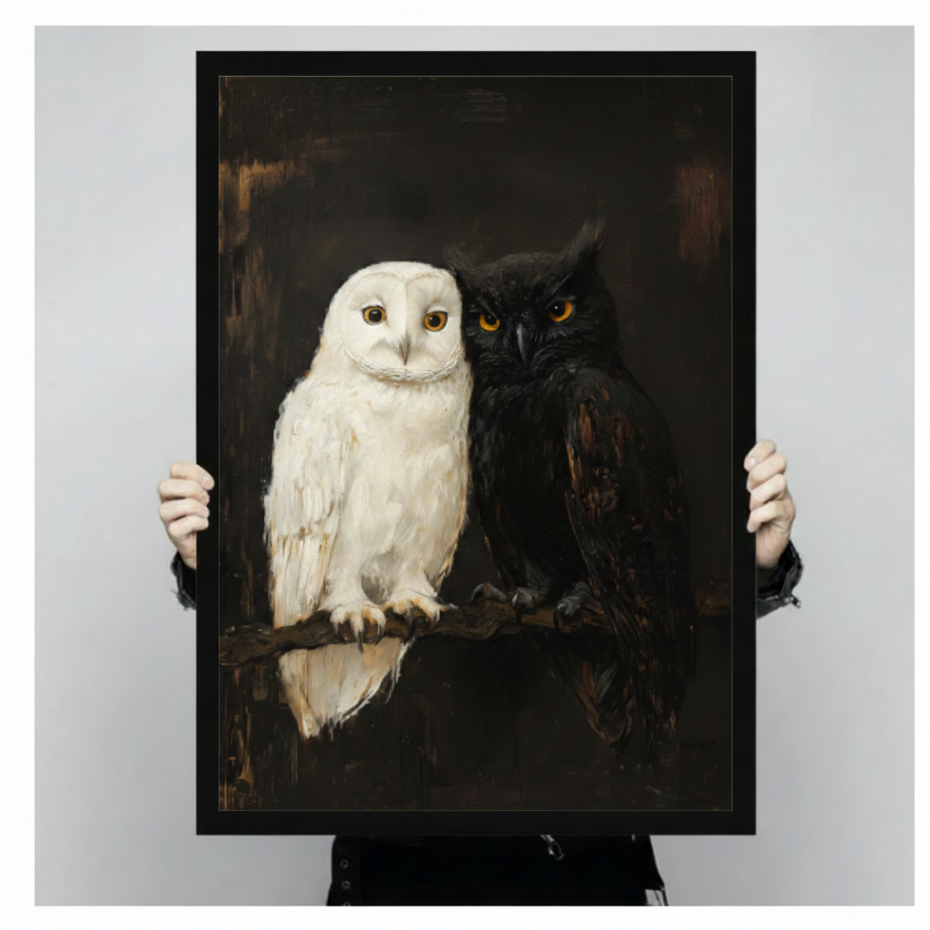Two hands in black sleeves holding a large black framed snowy owl and black owl pair classical oil painting canvas art print with dark moody background, front-facing vertical product size display