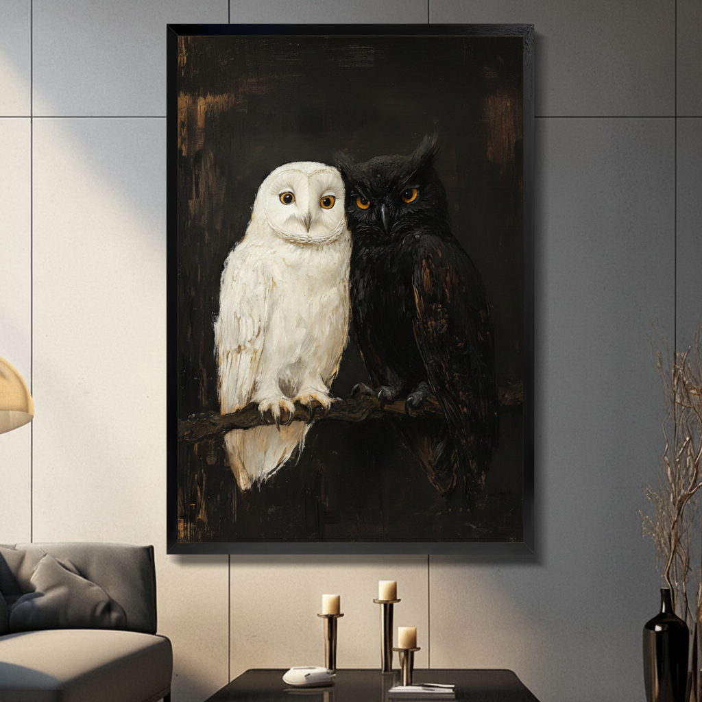 Black framed white and black owl pair classical oil painting canvas wall art with two owls perched on a branch against a dark brown textured background displayed in a modern gray living room with dark sofa and candlesticks