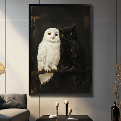 Black framed white and black owl pair classical oil painting canvas wall art with two owls perched on a branch against a dark brown textured background displayed in a modern gray living room with dark sofa and candlesticks