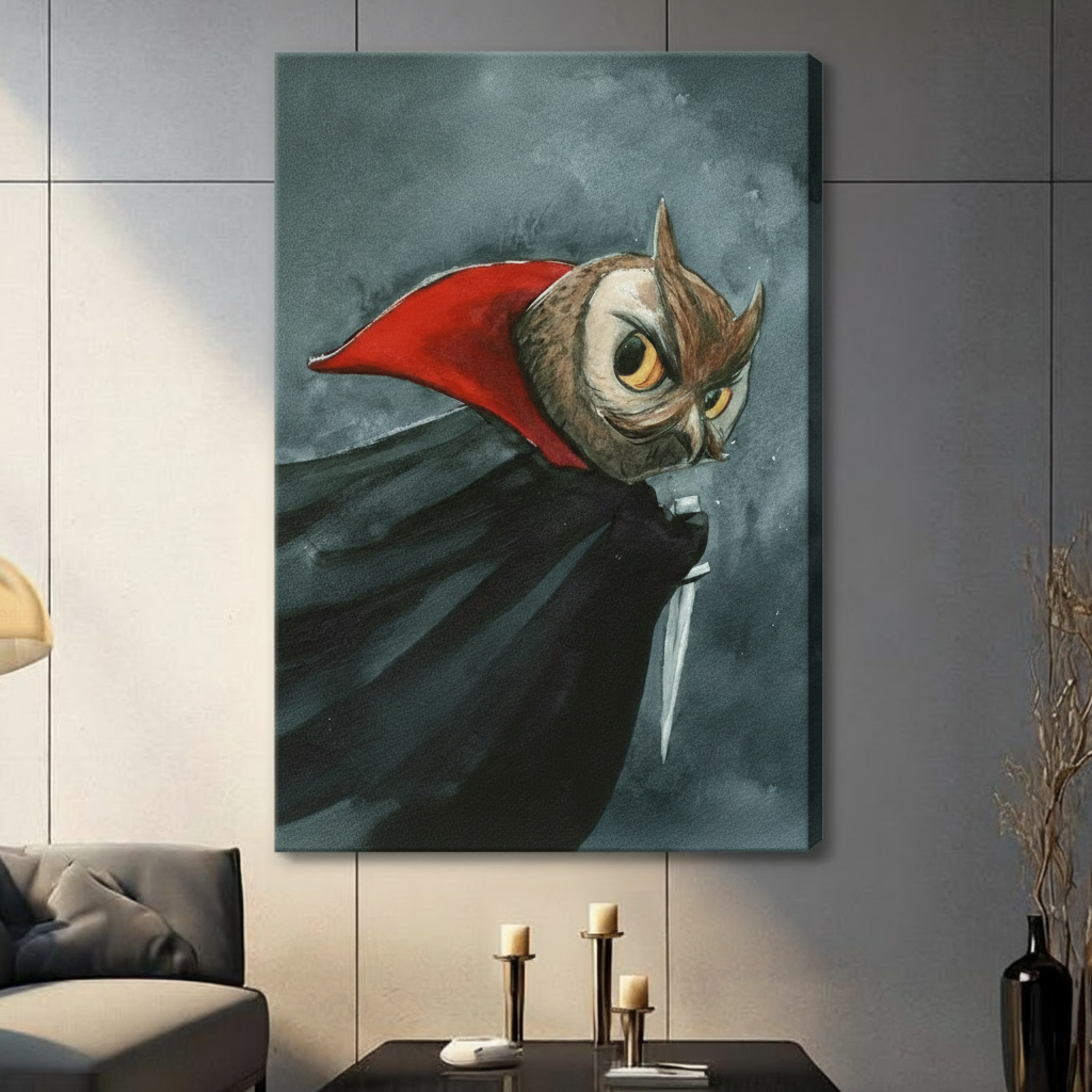 Gallery-wrapped canvas art of a dramatic owl vampire in a flowing black cape with red collar and dagger, hung on a gray wall in a contemporary living room