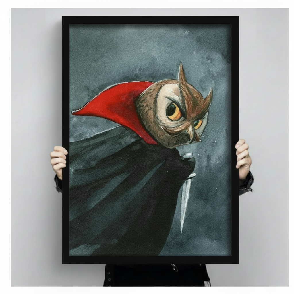 Person holding a black framed gothic owl vampire canvas print showing the red cape and dagger detail, demonstrating frame size and print quality