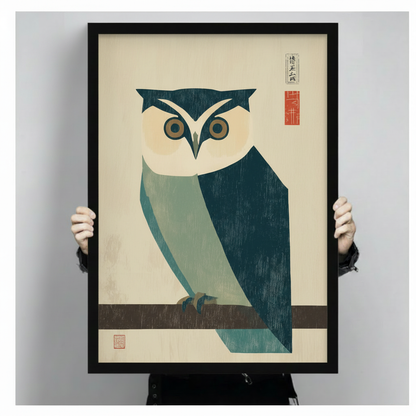 Geometric owl illustration in black frame held by hands, Japanese ukiyo-e inspired wall art print