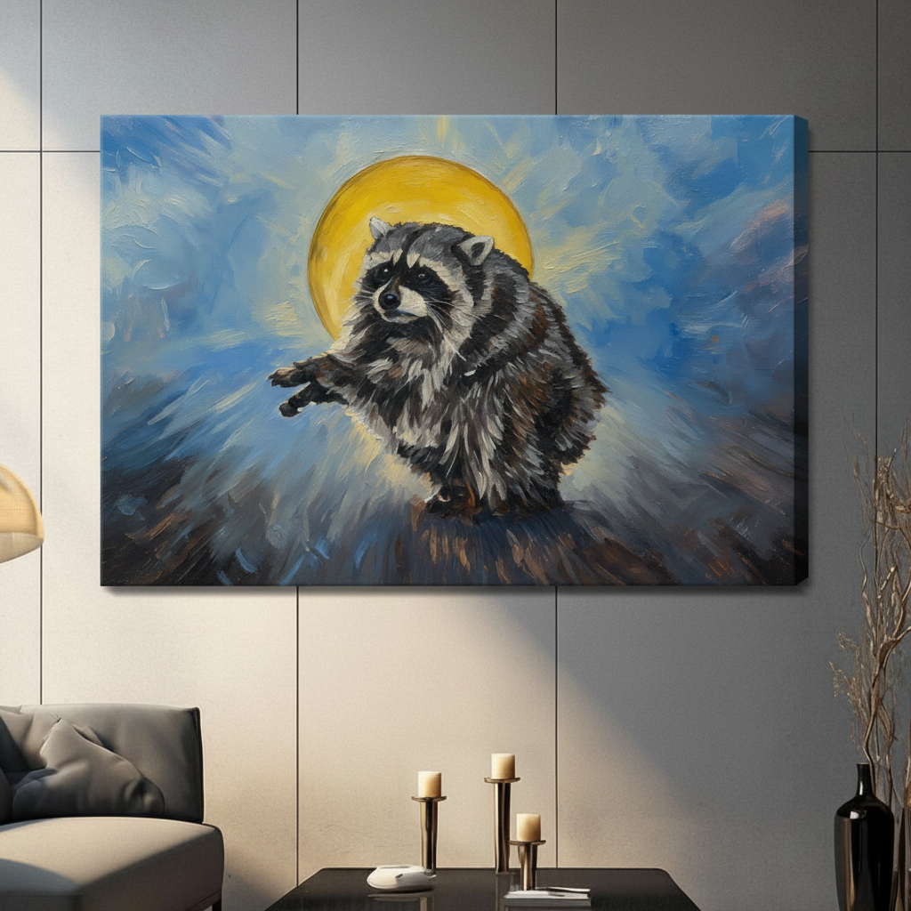 Stretched canvas painterly holy raccoon with golden halo wall art featuring a fluffy gray raccoon with a black mask extending a paw with a radiant golden halo behind its head on a swirling expressive blue oil-painted background, hung on a dark gray wall above a gray sofa