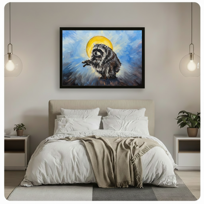 Black framed painterly holy raccoon with golden halo canvas art with a fluffy gray raccoon with a black eye mask and an outstretched paw beneath a bold glowing yellow halo on a swirling deep blue oil-painted background, hung above a bed with white linen bedding and glass pendant lights in a modern bedroom
