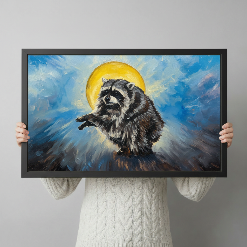 Person in a cream knit sweater holding a large horizontal black framed painterly holy raccoon with golden halo canvas art print with a fluffy gray raccoon reaching out one paw under a glowing yellow halo on a dramatic swirling blue oil-painted background