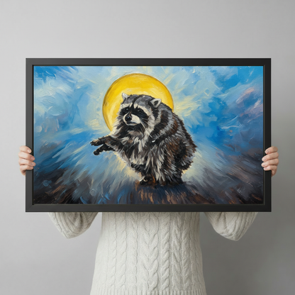 Person in a cream knit sweater holding a large horizontal black framed painterly holy raccoon with golden halo canvas art print with a fluffy gray raccoon reaching out one paw under a glowing yellow halo on a dramatic swirling blue oil-painted background