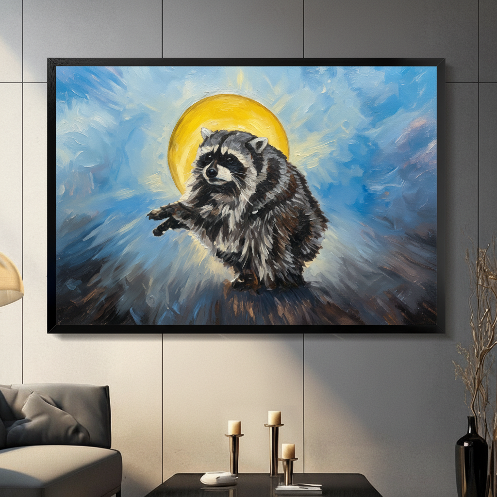 Black framed painterly holy raccoon with golden halo canvas art with a fluffy gray raccoon with a black eye mask reaching out one paw beneath a glowing yellow halo on a dramatic swirling blue oil-painted background, hung on a dark gray wall above a gray sofa