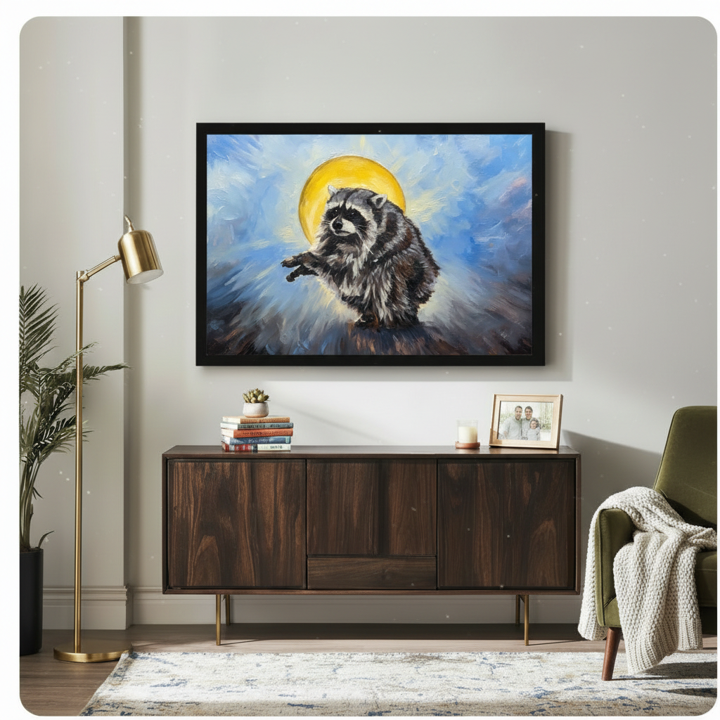 Black framed painterly holy raccoon with golden halo canvas art showing a fluffy gray raccoon with a black mask reaching forward with one paw and a radiant golden halo glowing behind its head on a dramatic swirling blue oil-painted background, displayed above a dark walnut sideboard with a gold floor lamp and olive green armchair