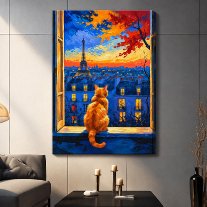Impressionist oil painting of a fluffy orange cat sitting on a window sill gazing at the Eiffel Tower over the Paris rooftops at sunset with a vivid blue and orange sky and autumn foliage cat wall art stretched canvas dark panel wall living room