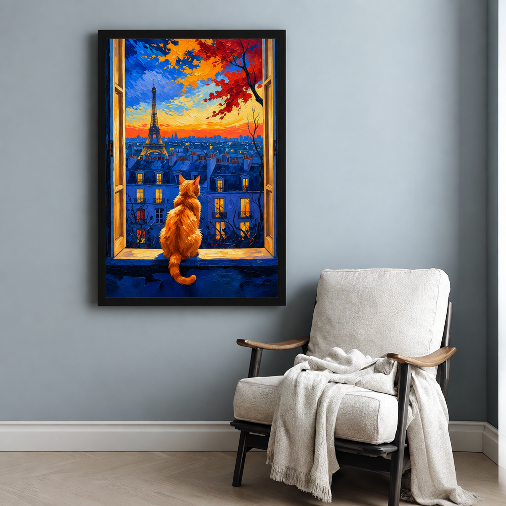 Impressionist oil painting of a fluffy orange cat sitting on a window sill gazing at the Eiffel Tower over the Paris rooftops at sunset with a vivid blue and orange sky and autumn foliage cat wall art framed print beside armchair blue-gray wall