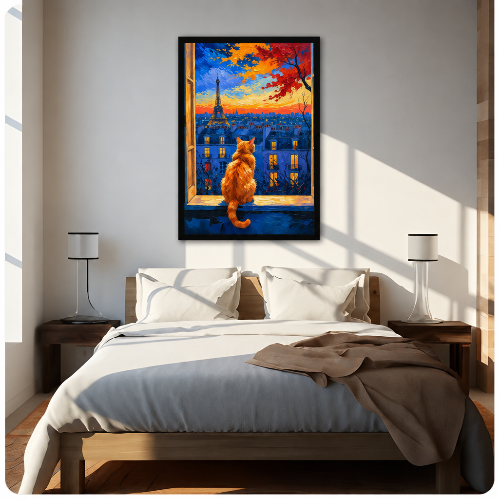 Impressionist oil painting of a fluffy orange cat sitting on a window sill gazing at the Eiffel Tower over the Paris rooftops at sunset with a vivid blue and orange sky and autumn foliage cat wall art framed print above bed sunlit bedroom