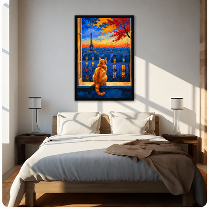 Impressionist oil painting of a fluffy orange cat sitting on a window sill gazing at the Eiffel Tower over the Paris rooftops at sunset with a vivid blue and orange sky and autumn foliage cat wall art framed print above bed sunlit bedroom