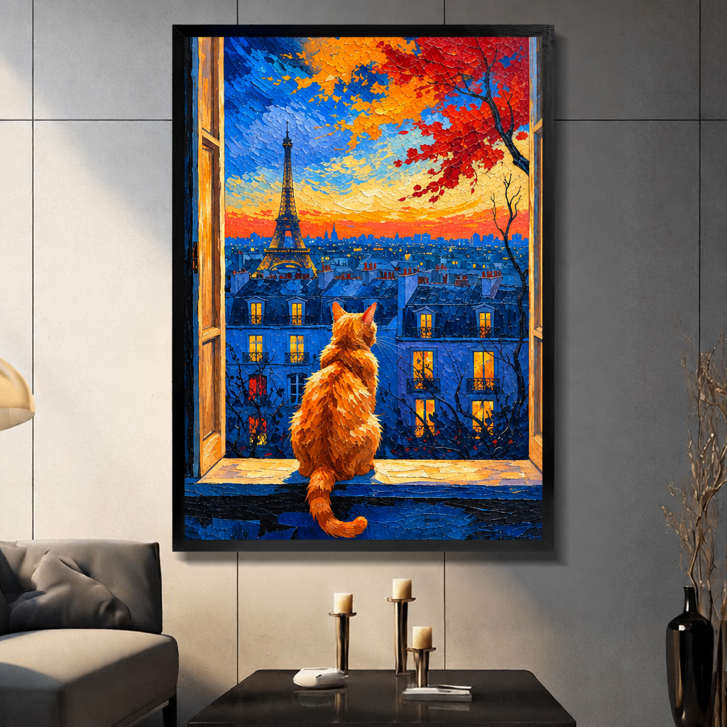Impressionist oil painting of a fluffy orange cat sitting on a window sill gazing at the Eiffel Tower over the Paris rooftops at sunset with a vivid blue and orange sky and autumn foliage cat wall art framed print dark panel wall living room
