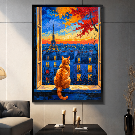 Impressionist oil painting of a fluffy orange cat sitting on a window sill gazing at the Eiffel Tower over the Paris rooftops at sunset with a vivid blue and orange sky and autumn foliage cat wall art framed print dark panel wall living room