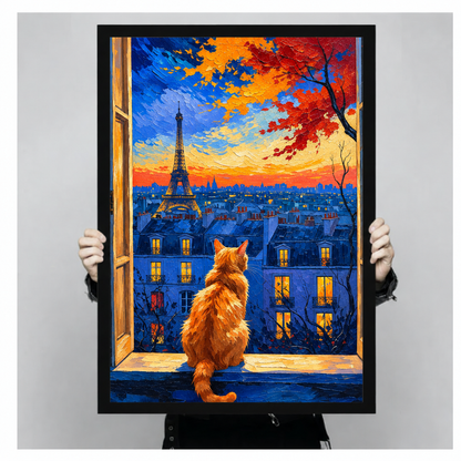Impressionist oil painting of a fluffy orange cat sitting on a window sill gazing at the Eiffel Tower over the Paris rooftops at sunset with a vivid blue and orange sky and autumn foliage cat wall art framed print held up