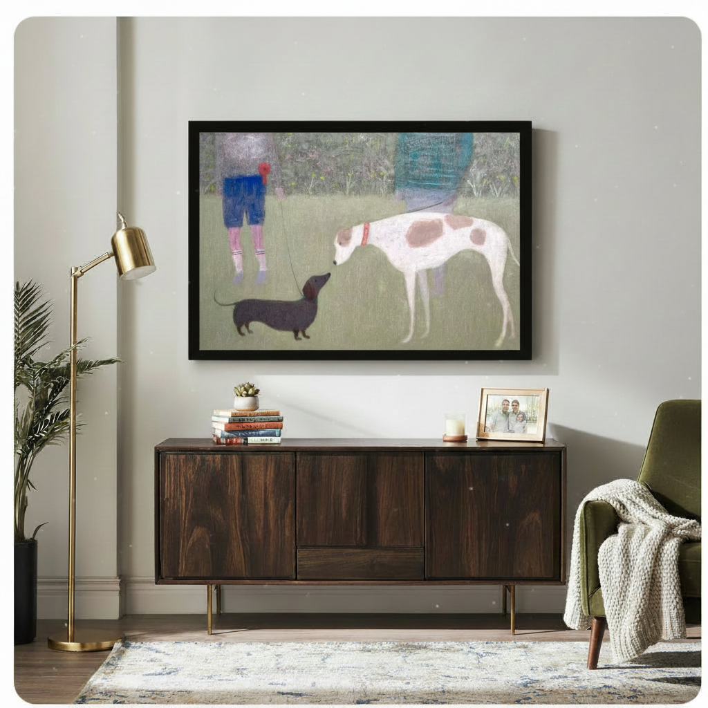 Black framed park walk dog duo impressionist canvas art displayed above bed in cozy bedroom setting