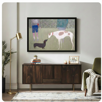 Black framed park walk dog duo impressionist canvas art displayed above bed in cozy bedroom setting