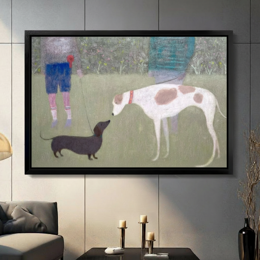 Park walk dog duo impressionist canvas art in black frame displayed on grey tile wall above sofa with candle decor