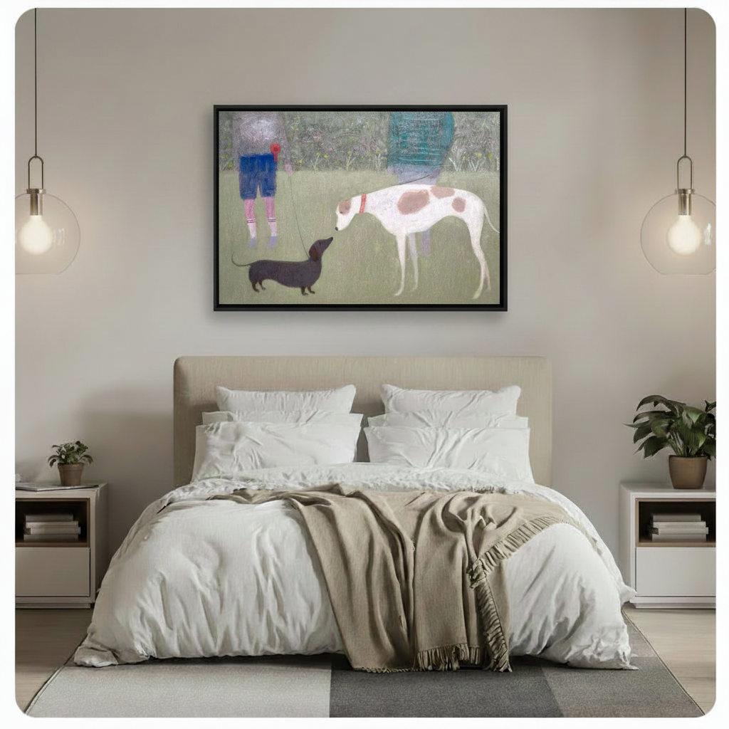 Hands holding black framed impressionist canvas print of two dogs on a park walk against neutral grey background
