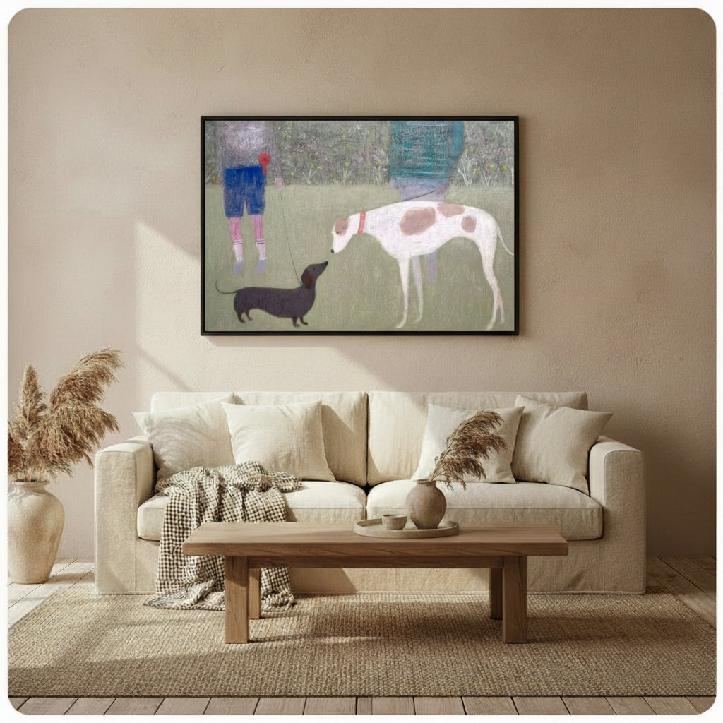 Framed impressionist canvas of dogs walking in park on blue-grey wall next to white accent chair