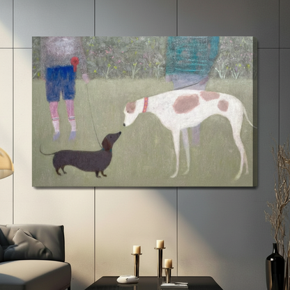 Stretched canvas print of two dogs walking in park impressionist style hung on grey tile wall in modern living room
