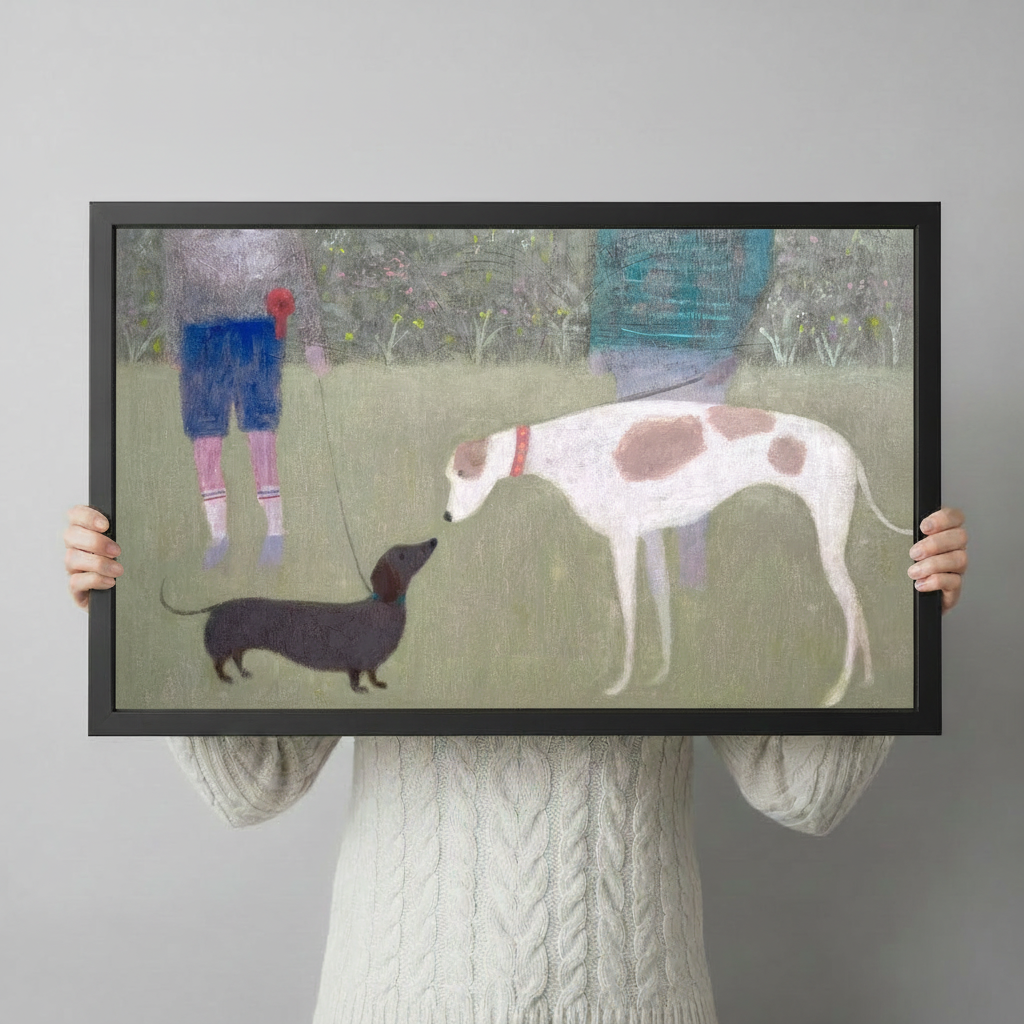 Impressionist dog duo canvas art in black frame on sage green wall beside light beige sofa