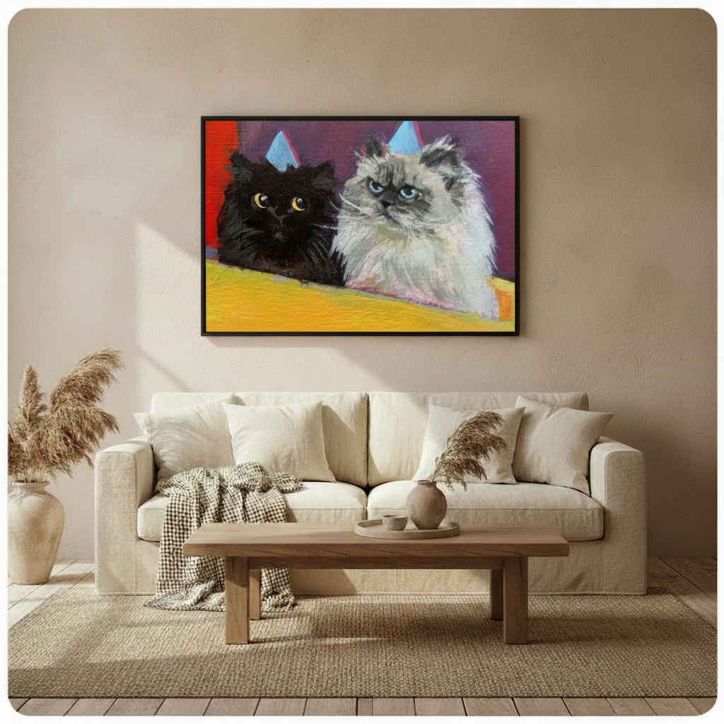 party cats oil painting canvas black frame cream sofa off white wall home decor