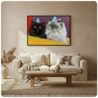 party cats oil painting canvas black frame cream sofa off white wall home decor