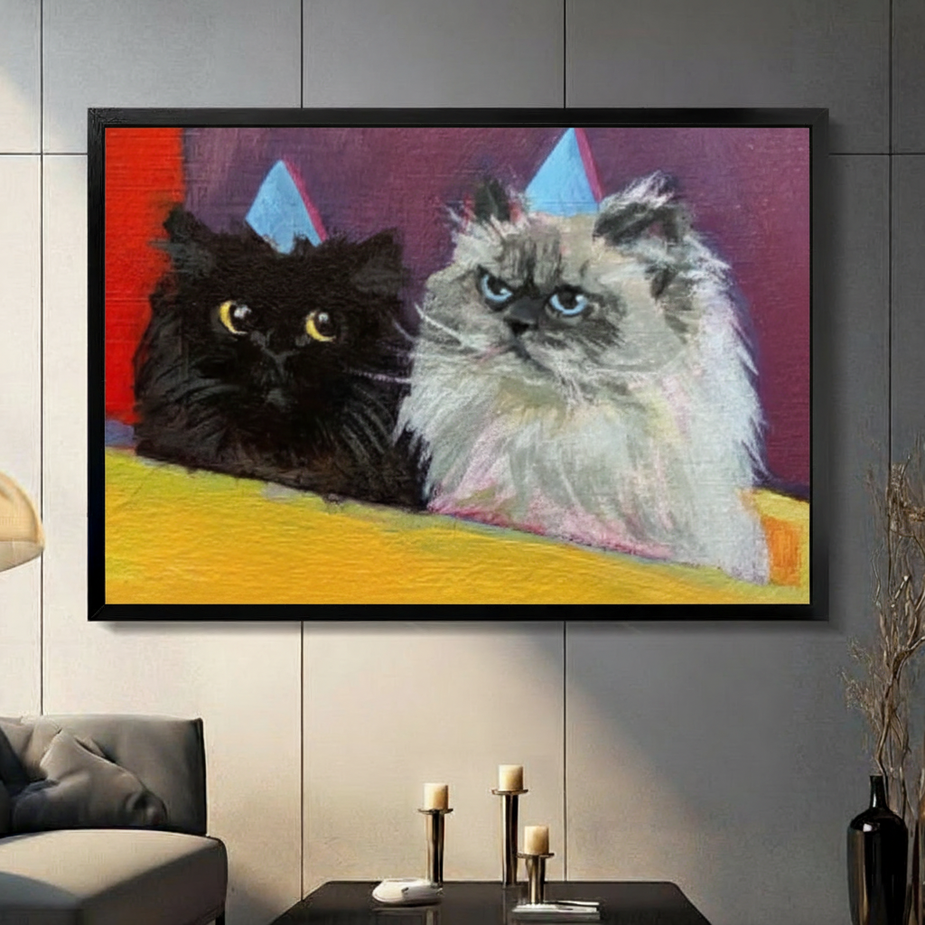 party cats framed canvas print gray panel wall dark sofa living room decor