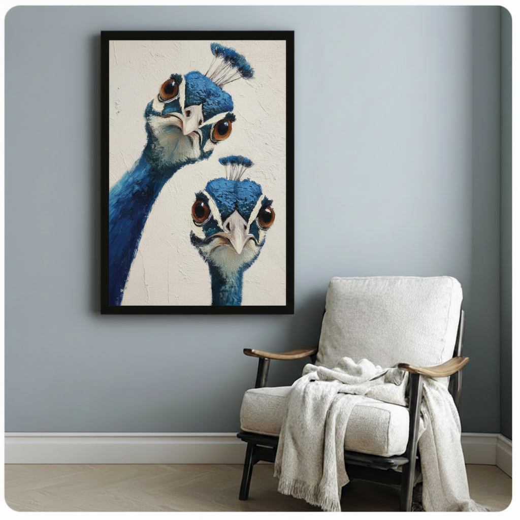 Framed moody peacock portrait canvas art above armchair in cozy reading nook, bold blue bird oil painting for eclectic home decor