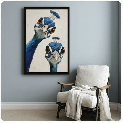 Framed moody peacock portrait canvas art above armchair in cozy reading nook, bold blue bird oil painting for eclectic home decor