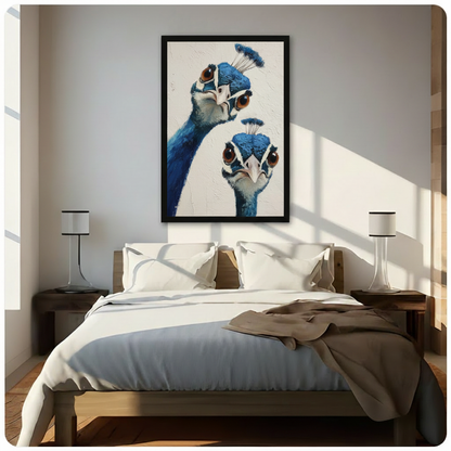 Framed moody peacock portrait canvas art beside armchair in cozy reading nook, bold blue bird oil painting for eclectic home decor