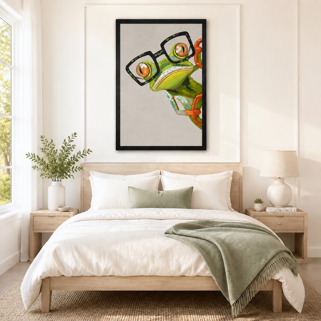 Vibrant green tree frog with oversized glasses oil painting in black frame above neutral linen bed, whimsical bedroom wall art