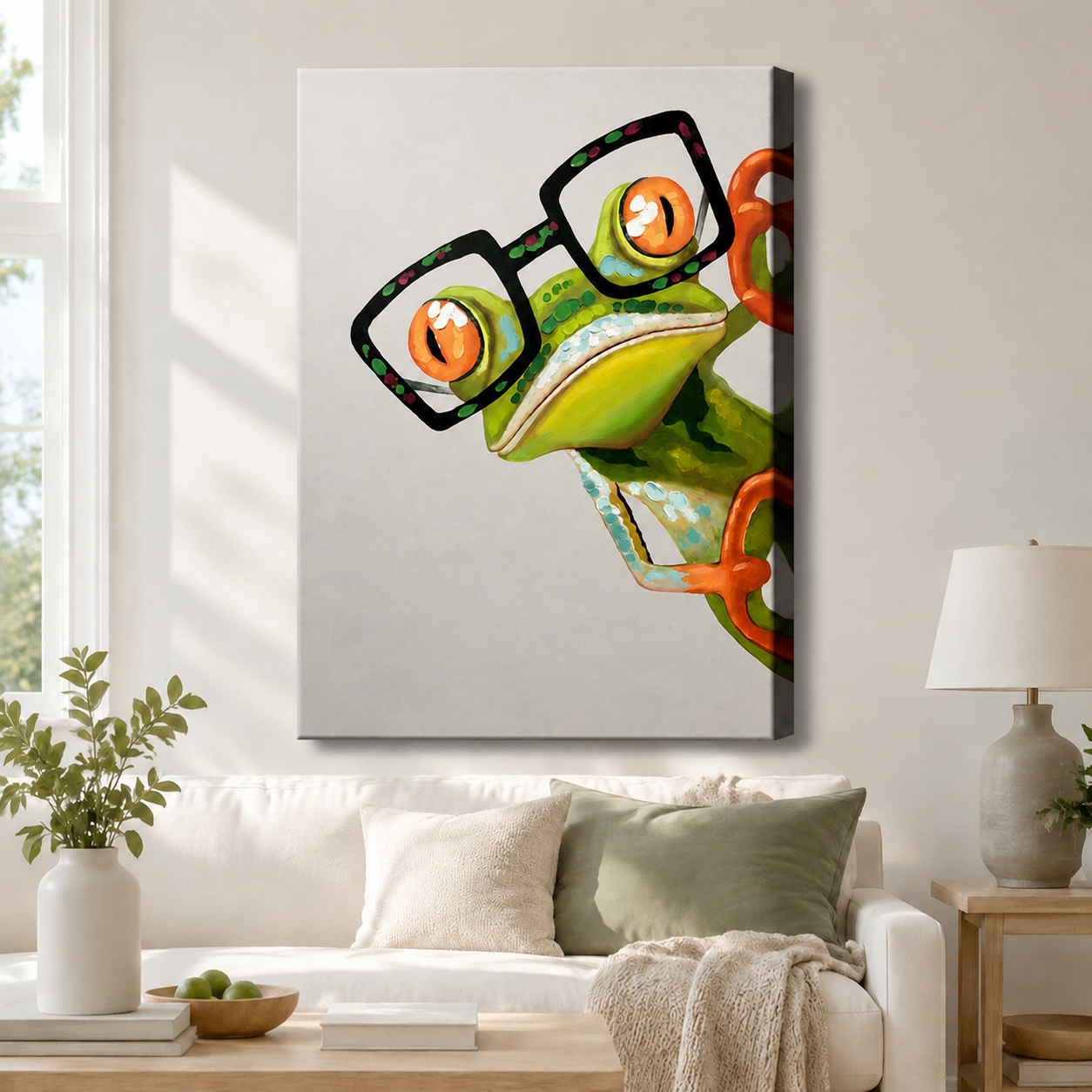 Whimsical peekaboo frog with black square glasses gallery wrap canvas displayed above white sofa in neutral Scandinavian living room