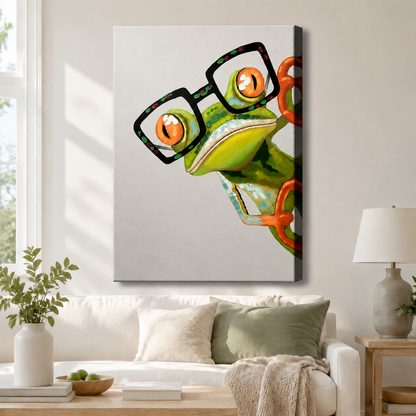 Whimsical peekaboo frog with black square glasses gallery wrap canvas displayed above white sofa in neutral Scandinavian living room