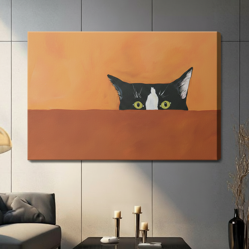 Frameless canvas peeking black cat wall art with bright green eyes and warm orange tones hung on gray tile wall