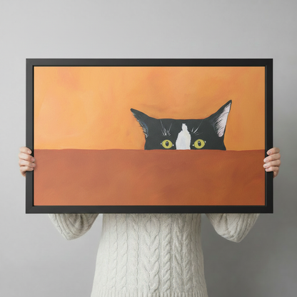 Person holding peeking black cat framed art print showing size reference with tuxedo cat green eyes and orange rust two-tone design