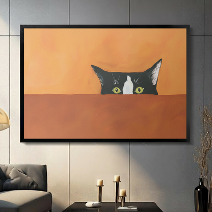 Peeking black cat framed wall art print with green eyes on orange background displayed in a modern living room with gray tile wall