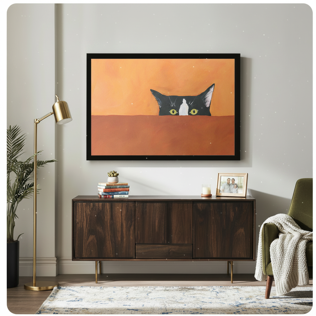 Peeking tuxedo cat wall art in black frame above wooden sideboard in a bright living room with gold floor lamp and green chair