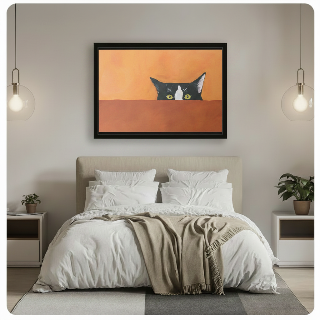 Curious peeking black cat wall art in black frame hung above bed in a minimalist white bedroom with pendant lighting