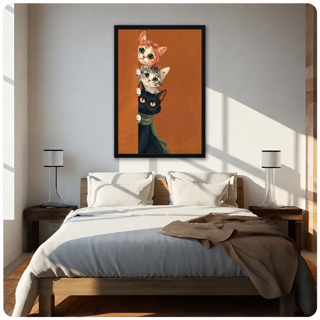 Three cats peeking around a corner orange with bow tabby and black with green scarf funny cat wall art framed print above bed sunlit bedroom