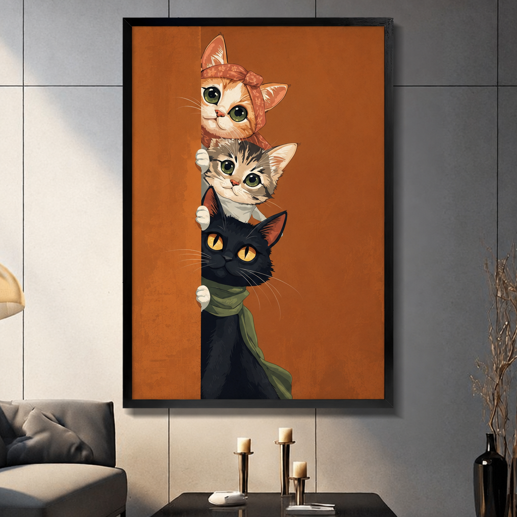 Three cats peeking around a corner orange with bow tabby and black with green scarf funny cat wall art framed print dark panel wall living room