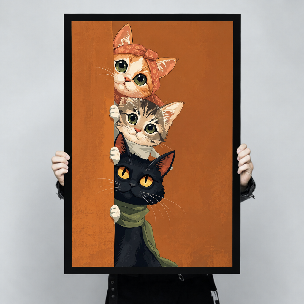 Three cats peeking around a corner orange with bow tabby and black with green scarf funny cat wall art framed print held up
